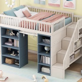 Full Size Loft Bed with 2 Four-layer Storage Cabinets and Curtain