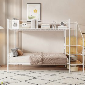 Twin Over Full Metal Bunk Bed with Wire Shelving and Lateral Storage Ladder and Wardrobe 26 Twin Over Full Metal Bunk Bed with Wire Shelving and Lateral Storage Ladder and Wardrobe