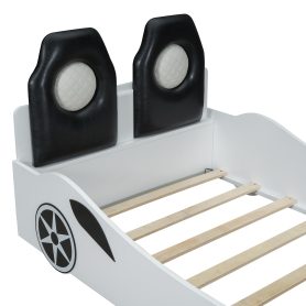 Wood Twin Size Race Car-Shaped Platform Bed with LED and Upholstered Backrest