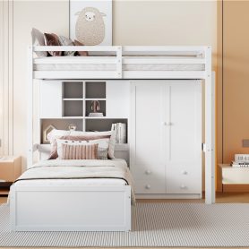 Twin Bunk Bed with Drawers, Wardrobe, Storage Shelves and Hydraulic Bed