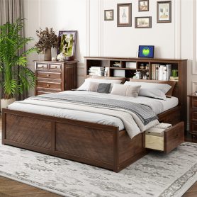 King Size Wood Platform Bed with Multi-storage Headboard, USB and Drawers