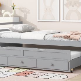 Twin Size Wooden Bed with Headboard, Footboard, Trundle and Three Storage Drawers