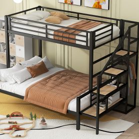 Twin over Full Size Metal Bunk Bed with Storage Staircase and Open Wardrobe