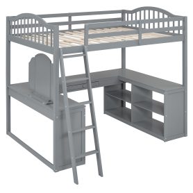 Wooden Full Size Loft Bed with U-shaped Desk, Storage Compartments and Tri-fold Mirror