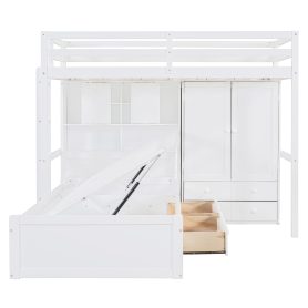 Twin Bunk Bed with Drawers, Wardrobe, Storage Shelves and Hydraulic Bed