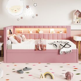 Upholstered TwIn Size platform bed with USB Ports and LED belt, With Trundle