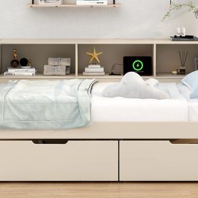 Wood Twin Size Platform Bed with Storage Shelves, Drawers, Charging Station and Upholstered Headboard