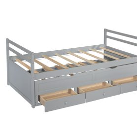 Twin Size Wooden Bed with Headboard, Footboard, Trundle and Three Storage Drawers