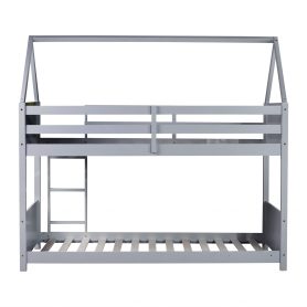 Twin Over Twin House Floor Bunk Bed with Headboards, Footboards and Guardrails, Ladder
