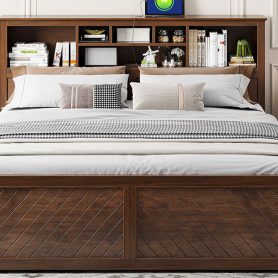King Size Wood Platform Bed with Multi-storage Headboard, USB and Drawers