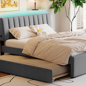 Teddy Fleece Queen Size Upholstered Platform Bed with Twin XL Trundle