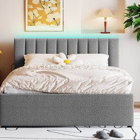 Teddy Fleece Queen Size Upholstered Platform Bed with Twin XL Trundle
