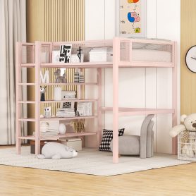 Twin Size Metal Loft Bed with 4-Tier Shelves and Storage