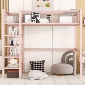 Twin Size Metal Loft Bed with 4-Tier Shelves and Storage