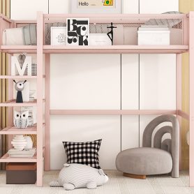 Twin Size Metal Loft Bed with 4-Tier Shelves and Storage