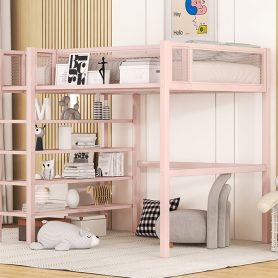 Twin Size Metal Loft Bed with 4-Tier Shelves and Storage