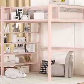 Twin Size Metal Loft Bed with 4-Tier Shelves and Storage