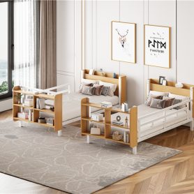 Twin Over Twin Size Metal Bunk Bed with Ladder and Full-Length Guardrail, Storage Space