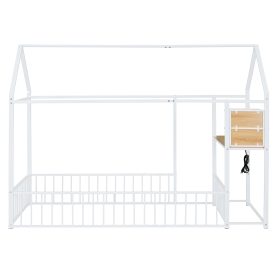 Twin Size Metal Bed House Bed Frame with Desk, Shelves, Power Outlets and USB Ports