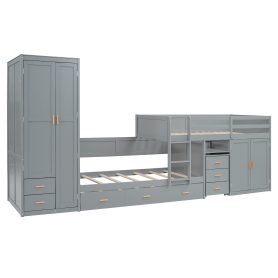 Twin Wooden Bunk Bed with Trundle, Cabinet, Wardrobe, Desk and Drawers