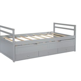Twin Size Wooden Bed with Headboard, Footboard, Trundle and Three Storage Drawers