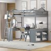 Wooden Full Size Loft Bed with U-shaped Desk, Storage Compartments and Tri-fold Mirror