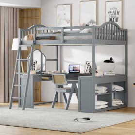 Wooden Full Size Loft Bed with U-shaped Desk, Storage Compartments and Tri-fold Mirror
