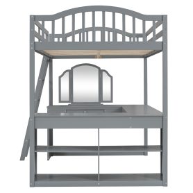 Wooden Full Size Loft Bed with U-shaped Desk, Storage Compartments and Tri-fold Mirror