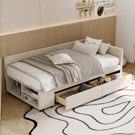 Twin Size L-Shaped Upholstered Platform Bed With Storage And Drawers
