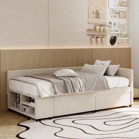 Twin Size L-Shaped Upholstered Platform Bed With Storage And Drawers