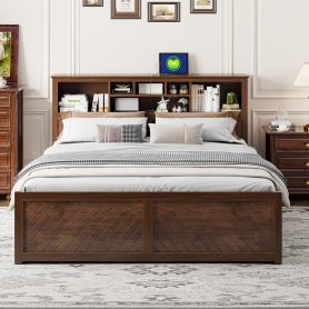 King Size Wood Platform Bed with Multi-storage Headboard, USB and Drawers