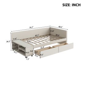 Twin Size L-Shaped Upholstered Platform Bed With Storage And Drawers