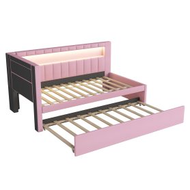 Upholstered TwIn Size platform bed with USB Ports and LED belt, With Trundle