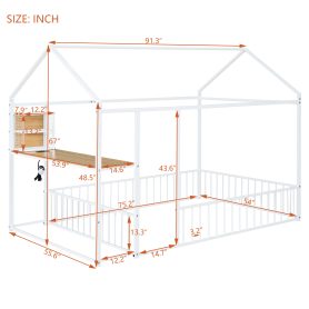 Full Size Metal Bed House Bed Frame with Desk, Shelves, Power Outlets and USB Ports