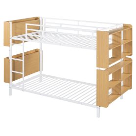 Twin Over Twin Size Metal Bunk Bed with Ladder and Full-Length Guardrail, Storage Space