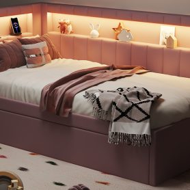 Upholstered TwIn Size platform bed with USB Ports and LED belt, With Trundle