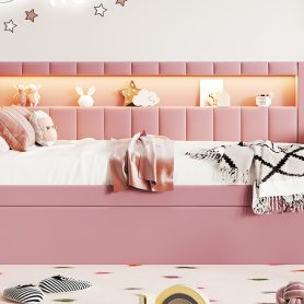 Upholstered TwIn Size platform bed with USB Ports and LED belt, With Trundle