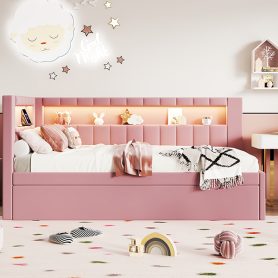 Upholstered TwIn Size platform bed with USB Ports and LED belt, With Trundle