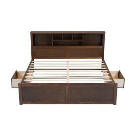 King Size Wood Platform Bed with Multi-storage Headboard, USB and Drawers