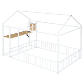 Full Size Metal Bed House Bed Frame with Desk, Shelves, Power Outlets and USB Ports