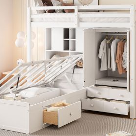 Twin Bunk Bed with Drawers, Wardrobe, Storage Shelves and Hydraulic Bed