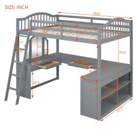 Wooden Full Size Loft Bed with U-shaped Desk, Storage Compartments and Tri-fold Mirror