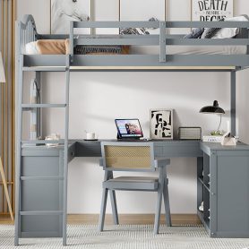 Wooden Full Size Loft Bed with U-shaped Desk, Storage Compartments and Tri-fold Mirror