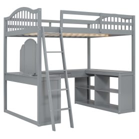 Wooden Full Size Loft Bed with U-shaped Desk, Storage Compartments and Tri-fold Mirror
