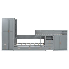 Twin Wooden Bunk Bed with Trundle, Cabinet, Wardrobe, Desk and Drawers