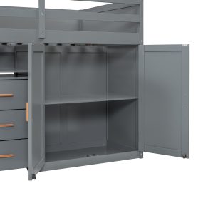 Twin Wooden Bunk Bed with Trundle, Cabinet, Wardrobe, Desk and Drawers