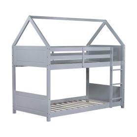 Twin Over Twin House Floor Bunk Bed with Headboards, Footboards and Guardrails, Ladder