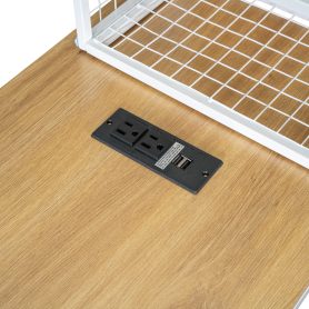 Full Size Metal Bed House Bed Frame with Desk, Shelves, Power Outlets and USB Ports