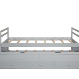 Twin Size Wooden Bed with Headboard, Footboard, Trundle and Three Storage Drawers