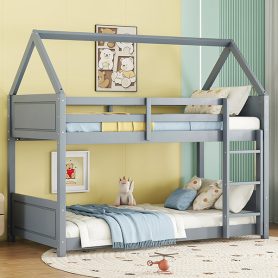 Twin Over Twin House Floor Bunk Bed with Headboards, Footboards and Guardrails, Ladder